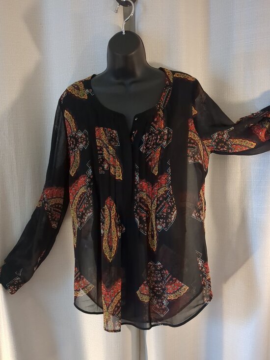 Sheer Black Partial Button Blouse / Tunic with colors of red / yellow /cream / - Picture 2 of 16